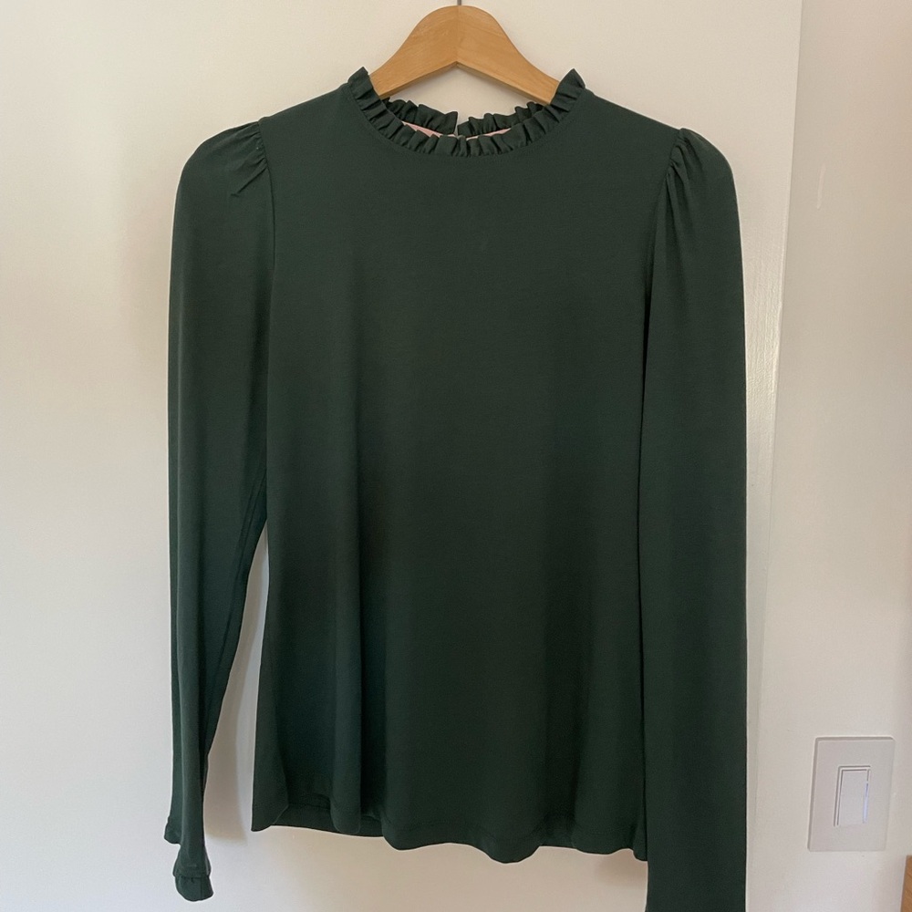 Boden Green Long Sleeve Ruffled Blouse with Mandarin Collar